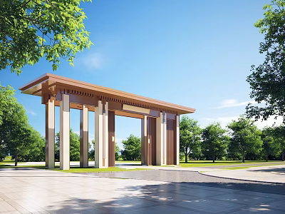 Elegant Modern Memorial Archway With Green Trees Blue Sky And Stone Pavement In Scenic Area 3d model
