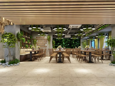 Modern Restaurant Interior Design With Wooden Ceiling Green Plants Dining Tables And Marble Floor 3d model