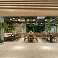Modern Restaurant Interior Design With Wooden Ceiling Green Plants Dining Tables And Marble Floor