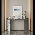 Modern Stylish Console Table With Striped Wall Art Figurines And Green Plant Decor
