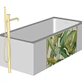 Modern White Bathtub With Gold Faucet And Green Leaf Decorative Design