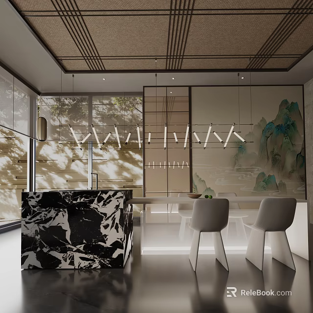 Modern Dining Table Set With Marble Counter And White Chairs Near Landscape Mural 3d model 