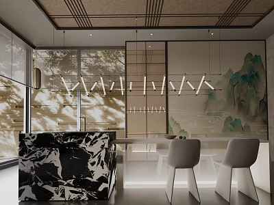 Modern Dining Table Set With Marble Counter And White Chairs Near Landscape Mural 3d model