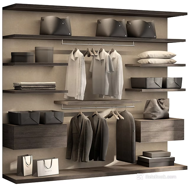 Modern Open Closet Design With Hanging Shirts Coats Shelves And Storage Boxes 3d model 
