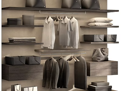 Modern Open Closet Design With Hanging Shirts Coats Shelves And Storage Boxes 3d model