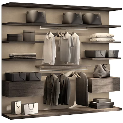 Modern Open Closet Design With Hanging Shirts Coats Shelves And Storage Boxes 3d model