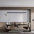Modern Office Interior With Whiteboard Notes Charts Brown Desk Chairs And Bookshelf