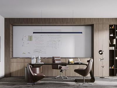 Modern Office Interior With Whiteboard Notes Charts Brown Desk Chairs And Bookshelf 3d model