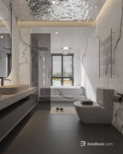 Modern Bathroom Interior With Marble Walls Large Mirror Vanity Bathtub And Toilet 3d model 