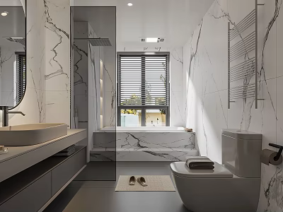 Modern Bathroom Interior With Marble Walls Large Mirror Vanity Bathtub And Toilet 3d model