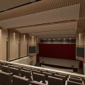 Spacious Conference Room Interior With Wooden Walls Red Curtains Stage And Seats