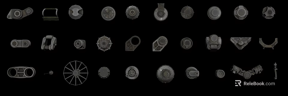 Various Mechanical Parts Including Gears Bearings And Metal Components Arranged On Black Background 3d model 