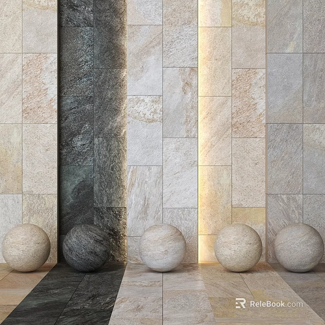 Dark Vertical Component on Stone Tile Wall with Different Colors Textures and Five Stone Spheres 3d model