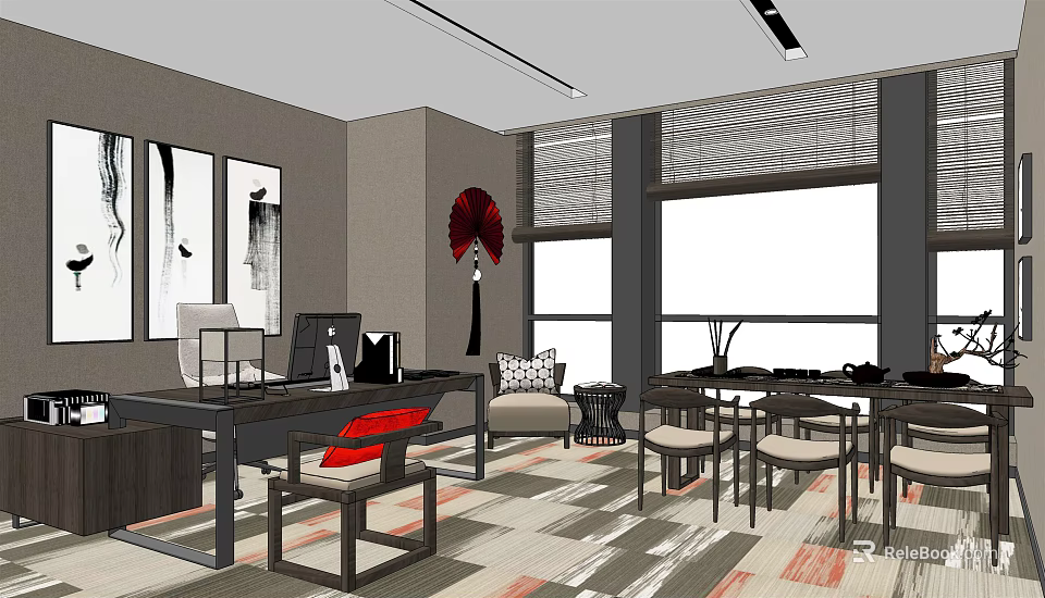 Modern Office Interior Design Featuring Desk Chairs Windows Red Fan And Wall Art 3d model 