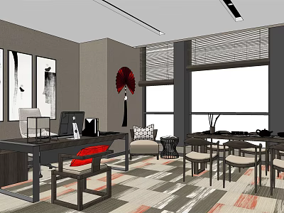 Modern Office Interior Design Featuring Desk Chairs Windows Red Fan And Wall Art 3d model