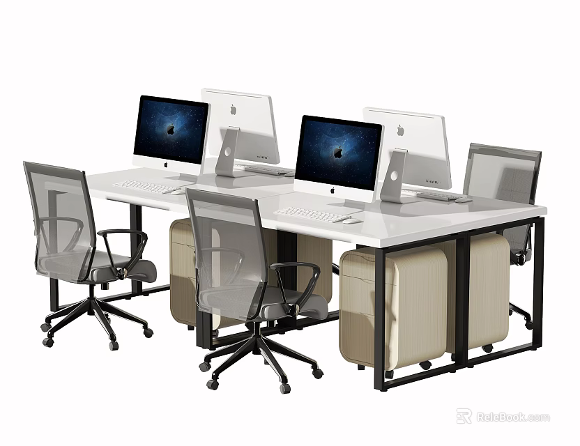 Modern Office Desk Setup With Dual Monitors Ergonomic Chairs And Storage Cabinets 3d model 