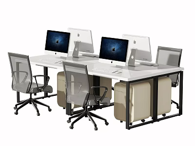 Modern Office Desk Setup With Dual Monitors Ergonomic Chairs And Storage Cabinets 3d model
