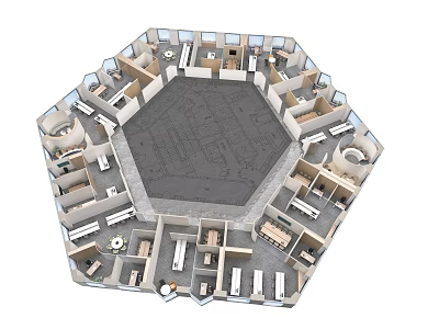 Public Office Space Open Layout With Multiple Workstations Meeting Areas And Central Functional Zone 3d model