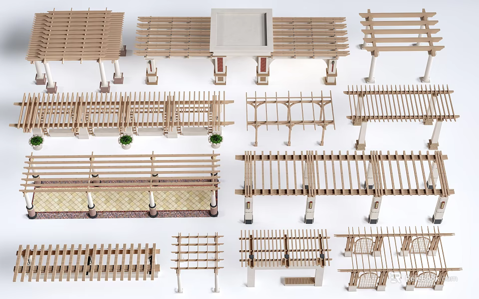 Various Wooden Outdoor Structures Including Fences Pergolas And Garden Frames 3d model 