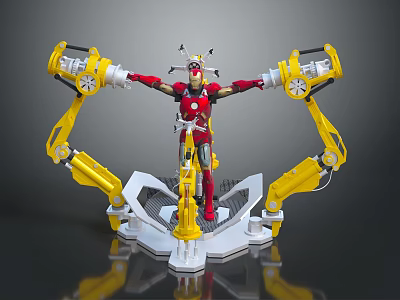 Red And Gold Armored Character With Yellow Mechanical Arms Standing On Platform 3d model