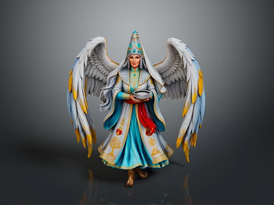 Winged Female Figure In Blue And Gold Robe With Decorative Headdress And Holding Object 3d model