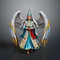 Winged Female Figure In Blue And Gold Robe With Decorative Headdress And Holding Object