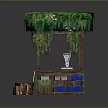 Wooden Market Stall With Green Vines Hanging Colored Boxes And Woven Basket