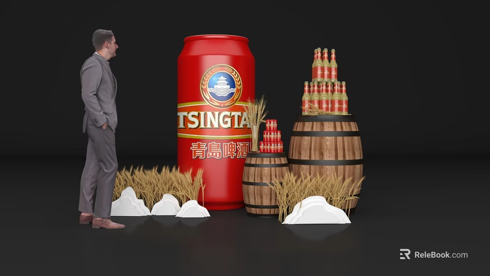 Tsingtao Beer Photo Spot with Large Red Can Bottle Tower Wooden Barrels Wheat Ears 3d model 