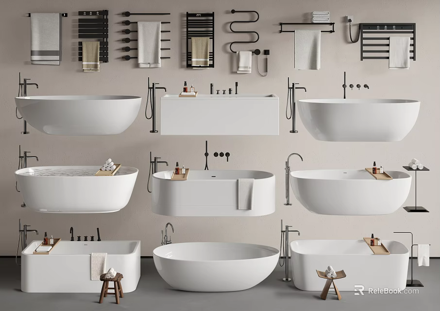 Modern Bathroom Bathtubs With Various Styles Towel Racks Faucets Stools And Towels 3d model 