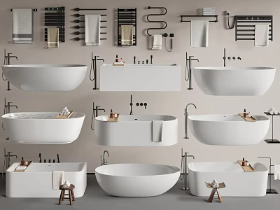 Modern Bathroom Bathtubs With Various Styles Towel Racks Faucets Stools And Towels 3d model