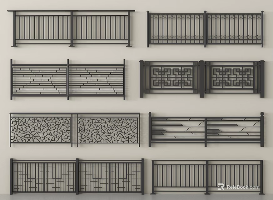 Different Types of Railing Designs Featuring Modern Traditional And Geometric Patterns 3d model 
