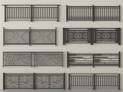 Different Types of Railing Designs Featuring Modern Traditional And Geometric Patterns 3d model