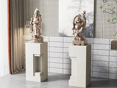 Traditional Carved Stone Sculptures Displayed on White Pedestals for Indoor Decor 3d model