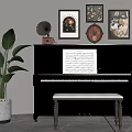 Musical Instruments and Artworks Featuring Piano with Music Sheet Gramophone Paintings and Green Plant