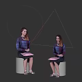 Two Women Sitting on White Cubes Holding Pink Folders with Pink Circles and Yellow Triangles