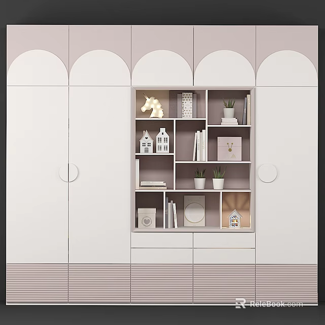 Modern White and Pink Arched Wardrobe with Central Open Shelves Decorative Plants Books 3d model 