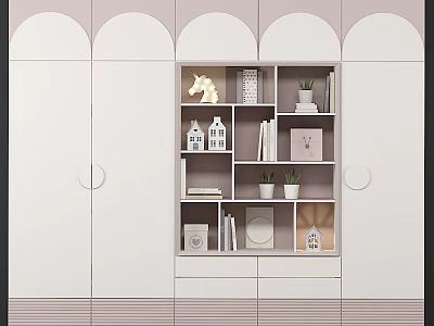 Modern White and Pink Arched Wardrobe with Central Open Shelves Decorative Plants Books 3d model