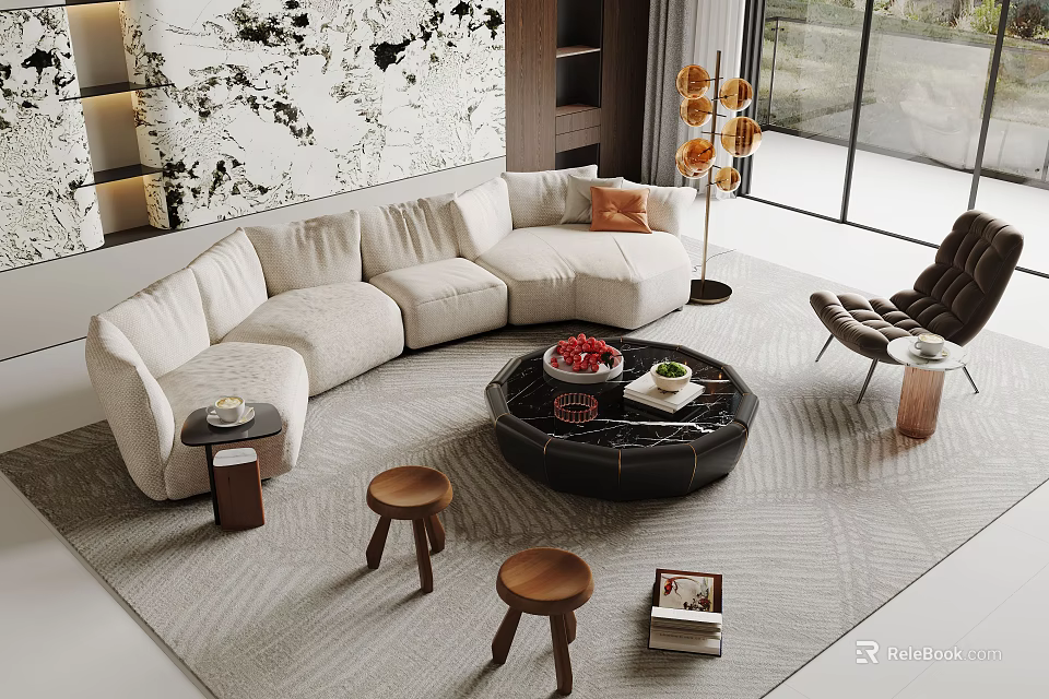 Modern Beige Sofa And Black Round Coffee Table Set With Wooden Stools And Area Rug 3d model 