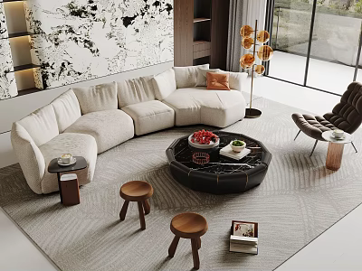 Modern Beige Sofa And Black Round Coffee Table Set With Wooden Stools And Area Rug 3d model