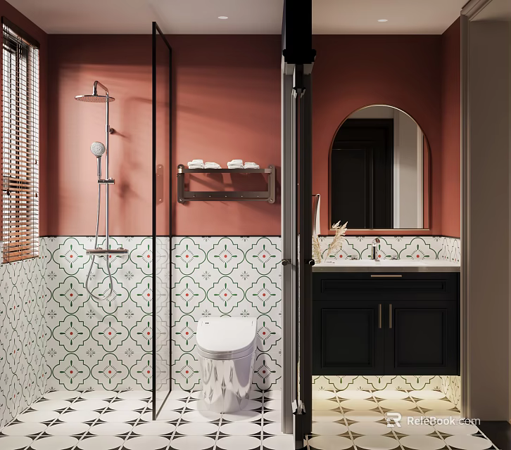 Modern Bathroom Interior With Pink Walls Geometric Tiles Round Mirror Glass Shower And Black Vanity 3d model 