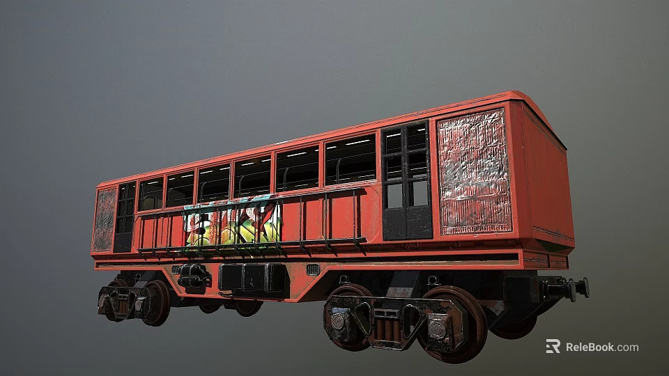 Red Vintage Train Carriage With Graffiti Windows And Black Wheels Design 3d model 