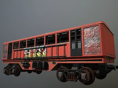 Red Vintage Train Carriage With Graffiti Windows And Black Wheels Design 3d model