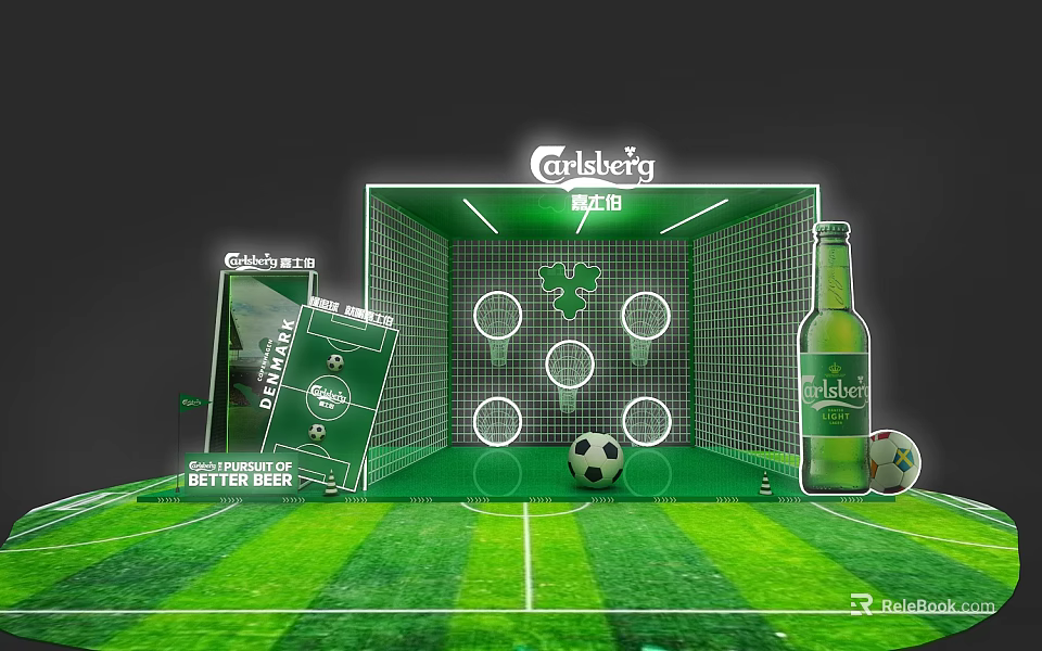 Carlsberg Themed Interactive Zone With Football Goal Soccer Ball Green Grass And Beer Bottle 3d model 