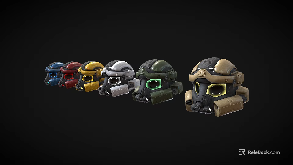 Different Colored Tactical Helmets With Face Visors And Glowing Green Accents 3d model 