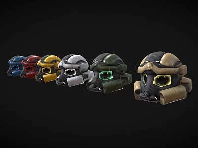 Different Colored Tactical Helmets With Face Visors And Glowing Green Accents 3d model