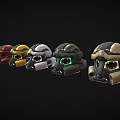 Different Colored Tactical Helmets With Face Visors And Glowing Green Accents
