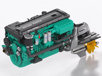 Green and Black Volvo Penta Marine Engine Featuring Yellow Propeller and Components 3d model