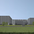 Modern Office Building Complex With Glass Curtain Walls Green Trees Lawn And Vehicles