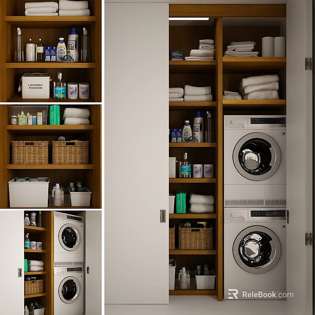 Organized Laundry Space With Washing Machines Detergents Towels And Storage Shelves 3d model 