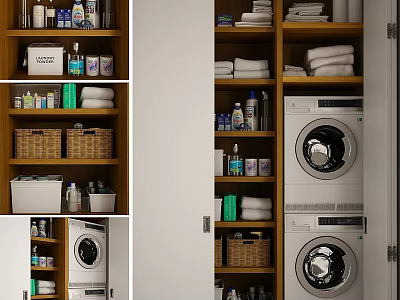 Organized Laundry Space With Washing Machines Detergents Towels And Storage Shelves 3d model